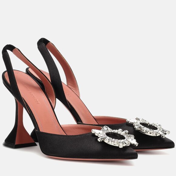 AMINA  MUADDI Begum Satin Crystal Slingback Sandals Heels Shoes Black - Picture 1 of 16